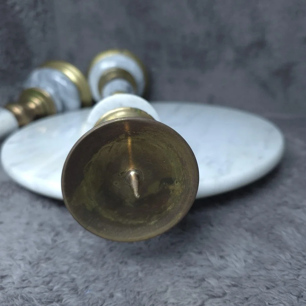 Vintage Brass Marble Candlestick Holders White Stone Taper Pillar Pair Decor 15